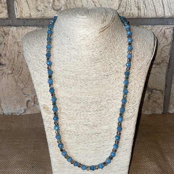 Necklace polished ocean blue aquamarine Silver & Crystal spacers Adjustable - Picture 11 of 13